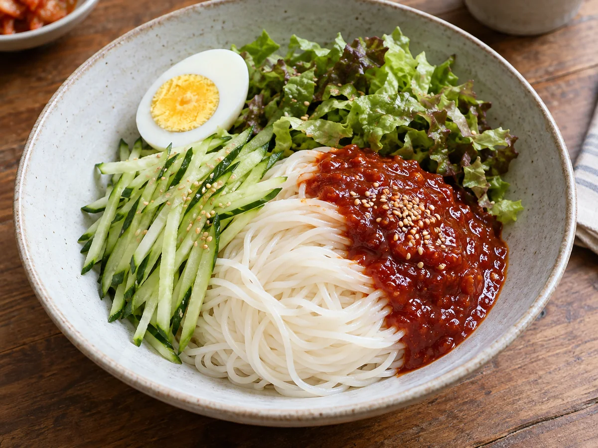 Bibim-guksu sin mezclar con fideos blancos, salsa roja, tiras de pepino y lechuga separados