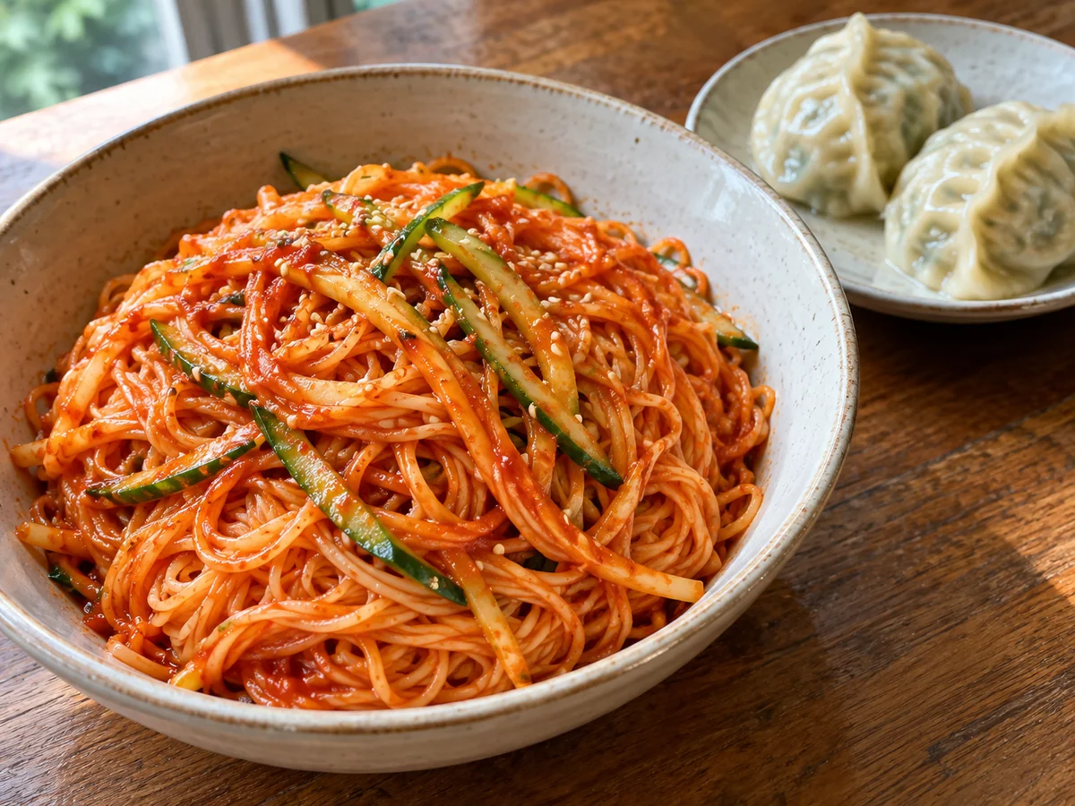 Bibim-guksu cubiertos uniformemente de salsa roja junto a un plato de mandu al vapor