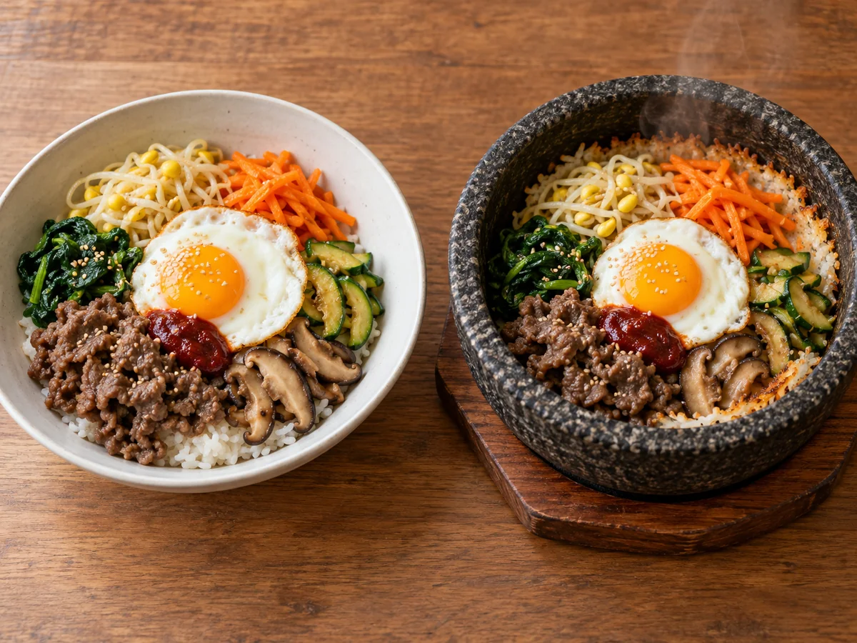 왼쪽 일반 그릇과 오른쪽 돌솥에 비슷한 고명을 담아 그릇의 차이를 보여주는 비빔밥 비교 예시