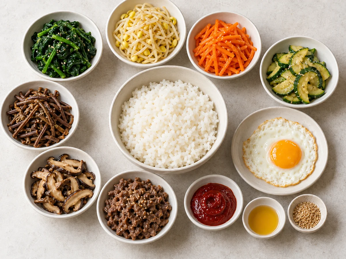 밥을 중심으로 시금치, 콩나물, 당근, 애호박, 고사리, 버섯, 익힌 고기, 달걀과 양념을 나누어 놓은 재료 구성 예시