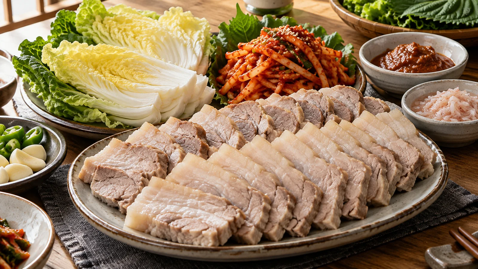 Bossam platter with boiled pork, kimchi, and leafy wraps served separately