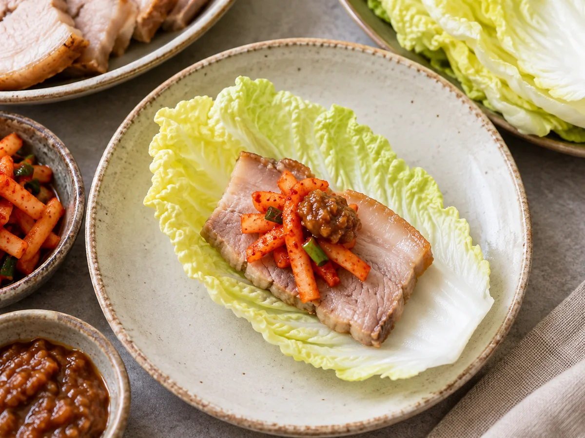 An open cabbage wrap with boiled pork, seasoned radish, and a little ssamjang
