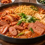 붉은 국물에 햄과 소시지, 김치, 두부와 라면을 넣은 부대찌개