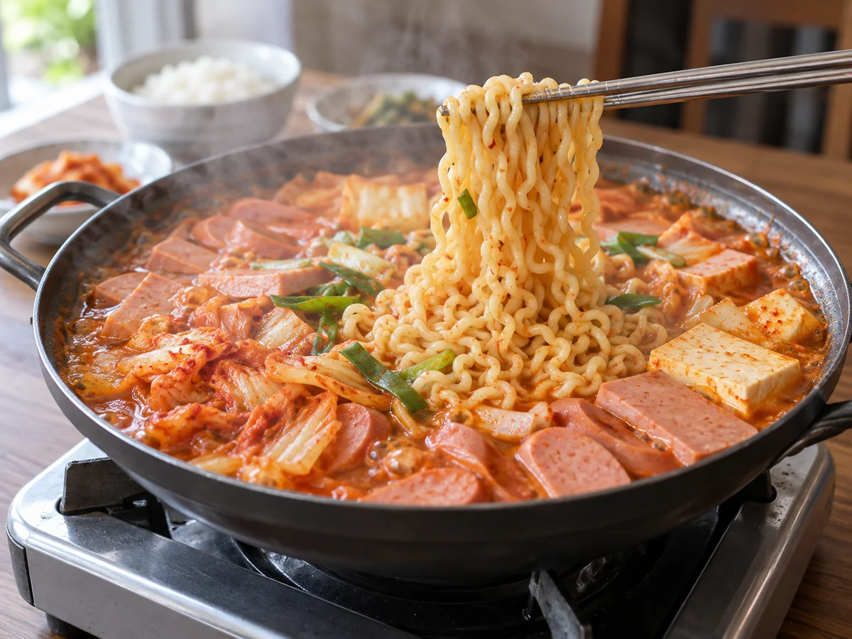 부대찌개 냄비에서 익은 라면을 들어 올린 모습