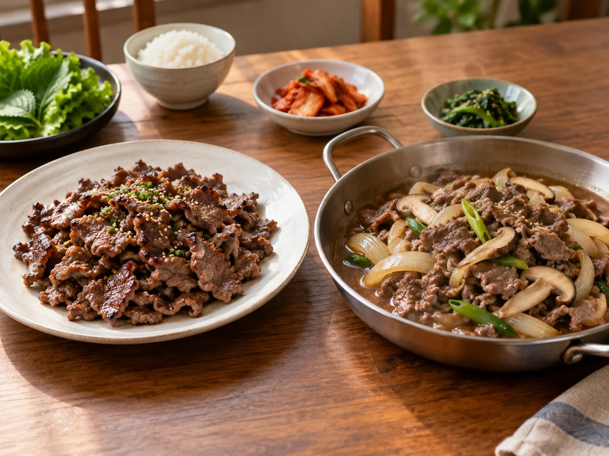 왼쪽 구운 불고기와 오른쪽 국물이 있는 팬 불고기 비교