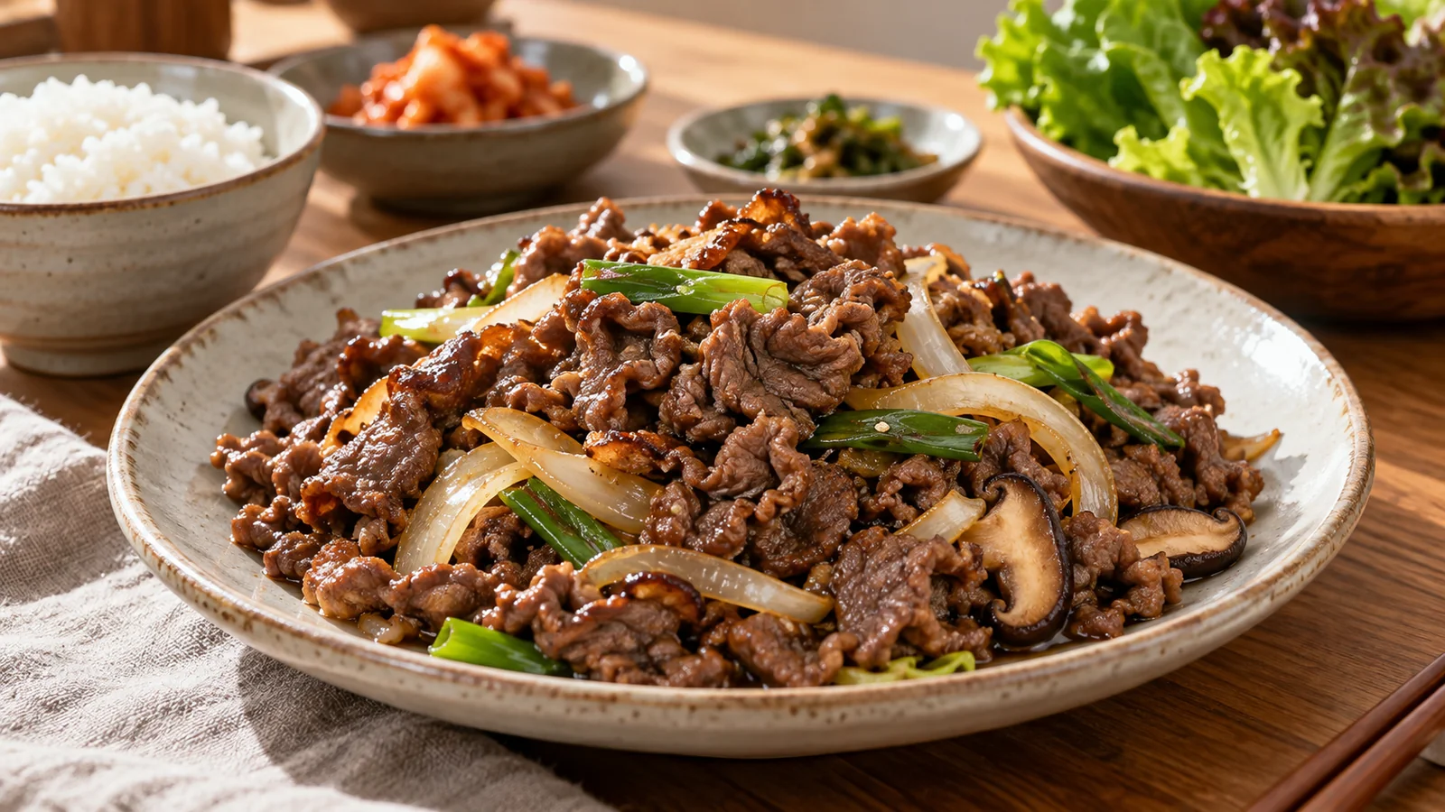 Bulgogi de carne cortada fina cocinada con verduras