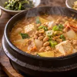 뚝배기에 담긴 콩알·두부·채소가 보이는 청국장찌개