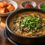 시래기와 부추를 담은 추어탕에 밥과 반찬을 곁들인 상차림