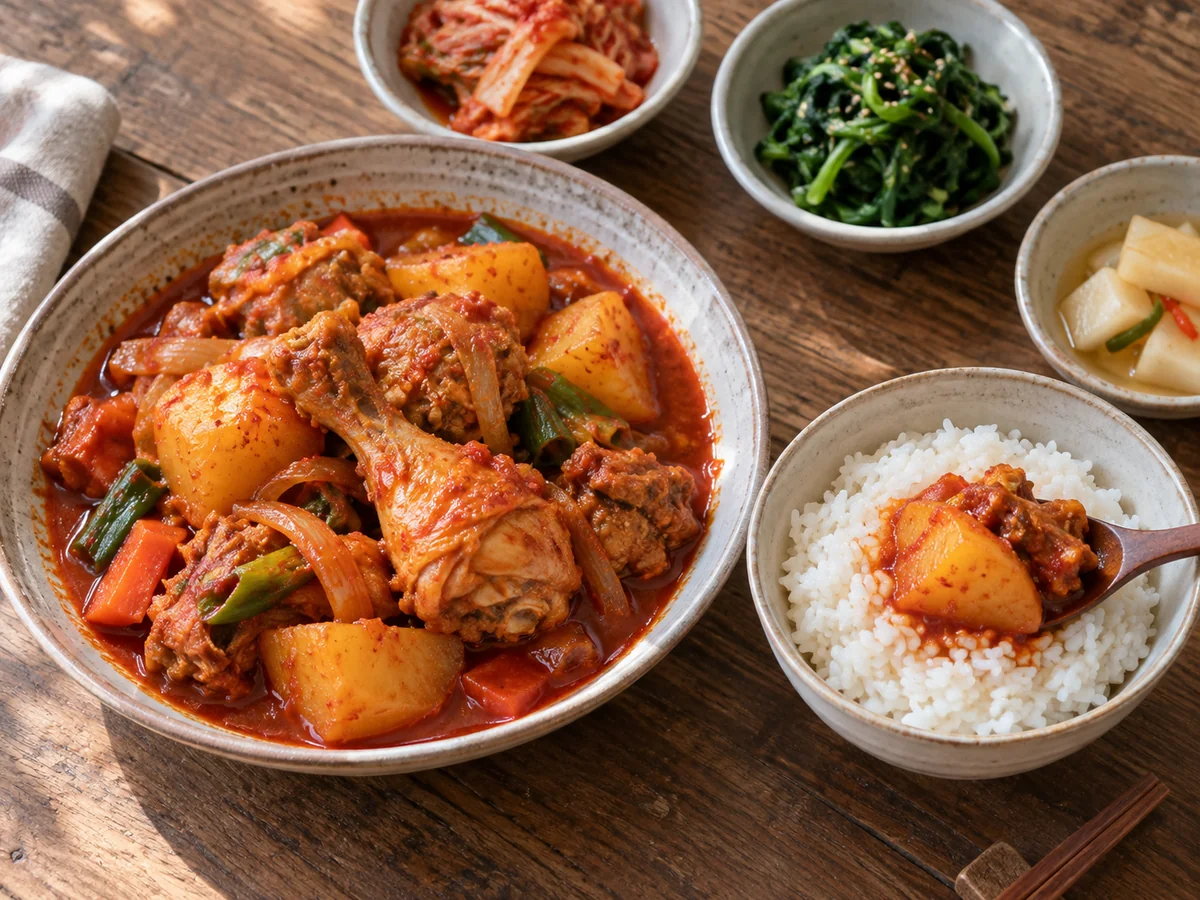닭볶음탕 옆의 흰밥에 양념 국물과 감자를 조금 올린 상차림