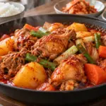 감자와 당근, 대파를 넣고 붉은 양념 국물에 익힌 닭볶음탕