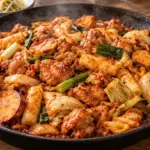 닭고기와 양배추, 떡, 고구마를 붉은 양념에 볶은 철판 닭갈비