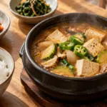 두부와 애호박, 버섯을 넣은 된장찌개와 밥 상차림