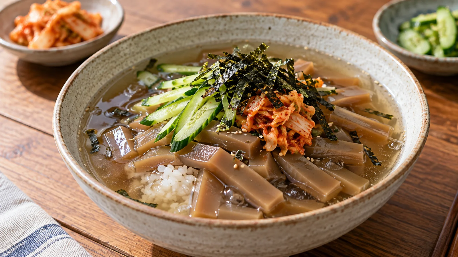 Tiras de gelatina de bolota com arroz, kimchi e alga em caldo frio