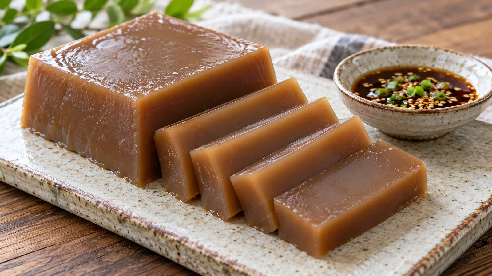 Bloco e fatias translúcidas de gelatina de bolota com molho de soja para mergulhar