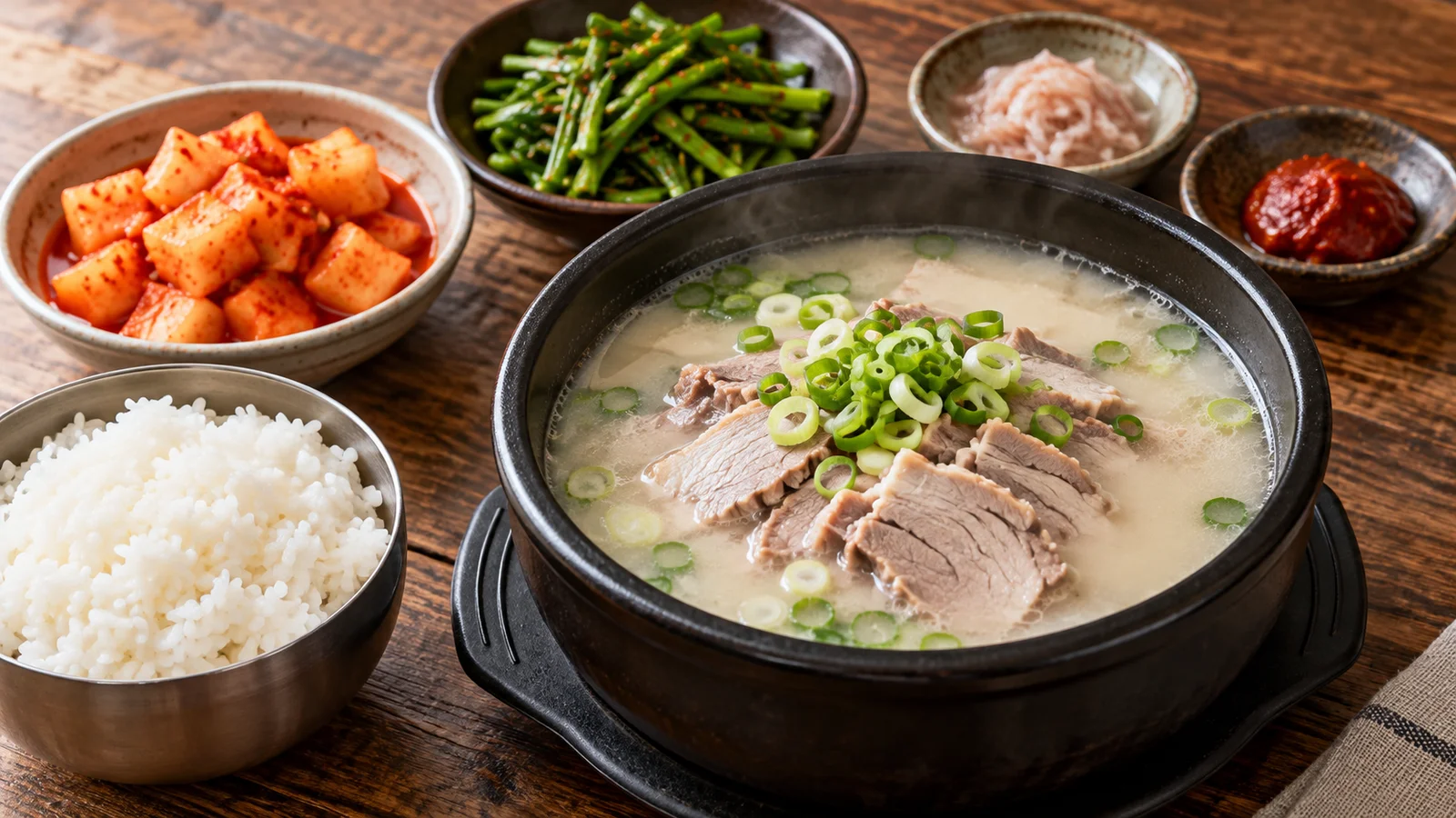 Sopa dwaeji gukbap de cerdo y cebolleta con arroz, cebollinos y condimentos aparte