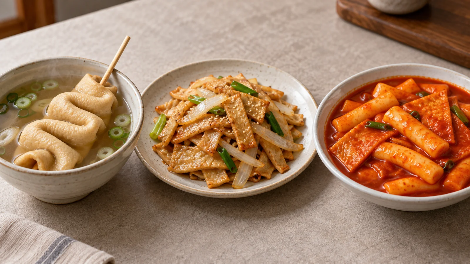Sopa de eomuk, bolinho de peixe refogado e tteokbokki com eomuk lado a lado