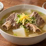 소갈비와 무, 파와 달걀 지단을 담은 맑은 갈비탕과 밥·깍두기