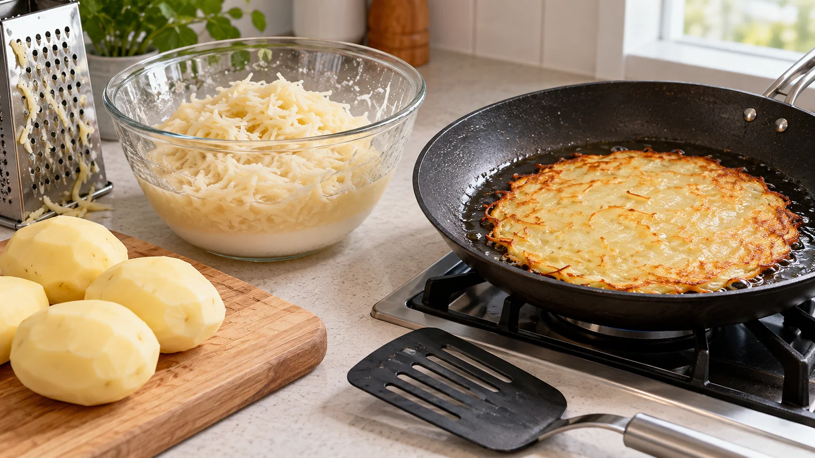 Batata ralada ao lado de um gamjajeon sendo preparado na frigideira