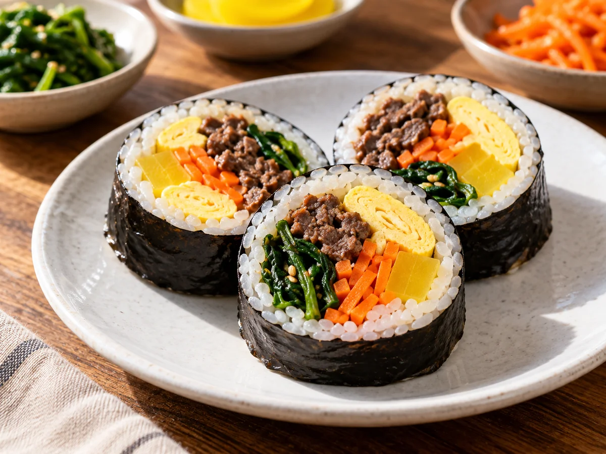 김밥 단면에 보이는 김, 밥, 단무지, 당근, 시금치, 달걀과 소고기