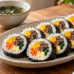 김과 밥으로 채소, 달걀, 익힌 소고기를 감싸 썰어 놓은 김밥