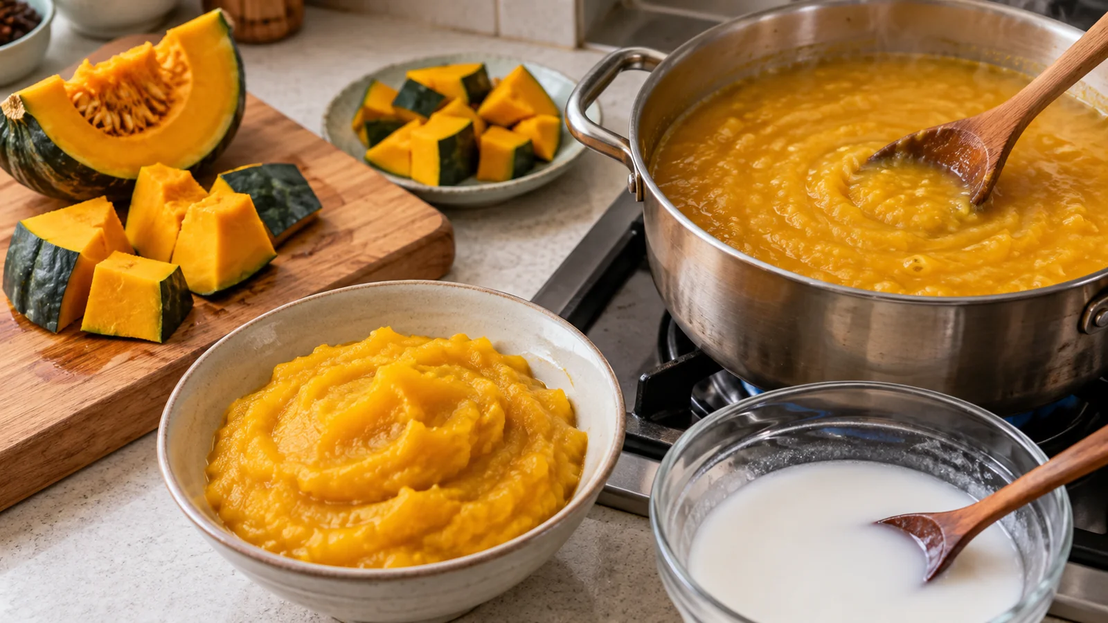 Abóbora cortada, purê cozido e mingau no fogo com mistura de farinha de arroz ao lado