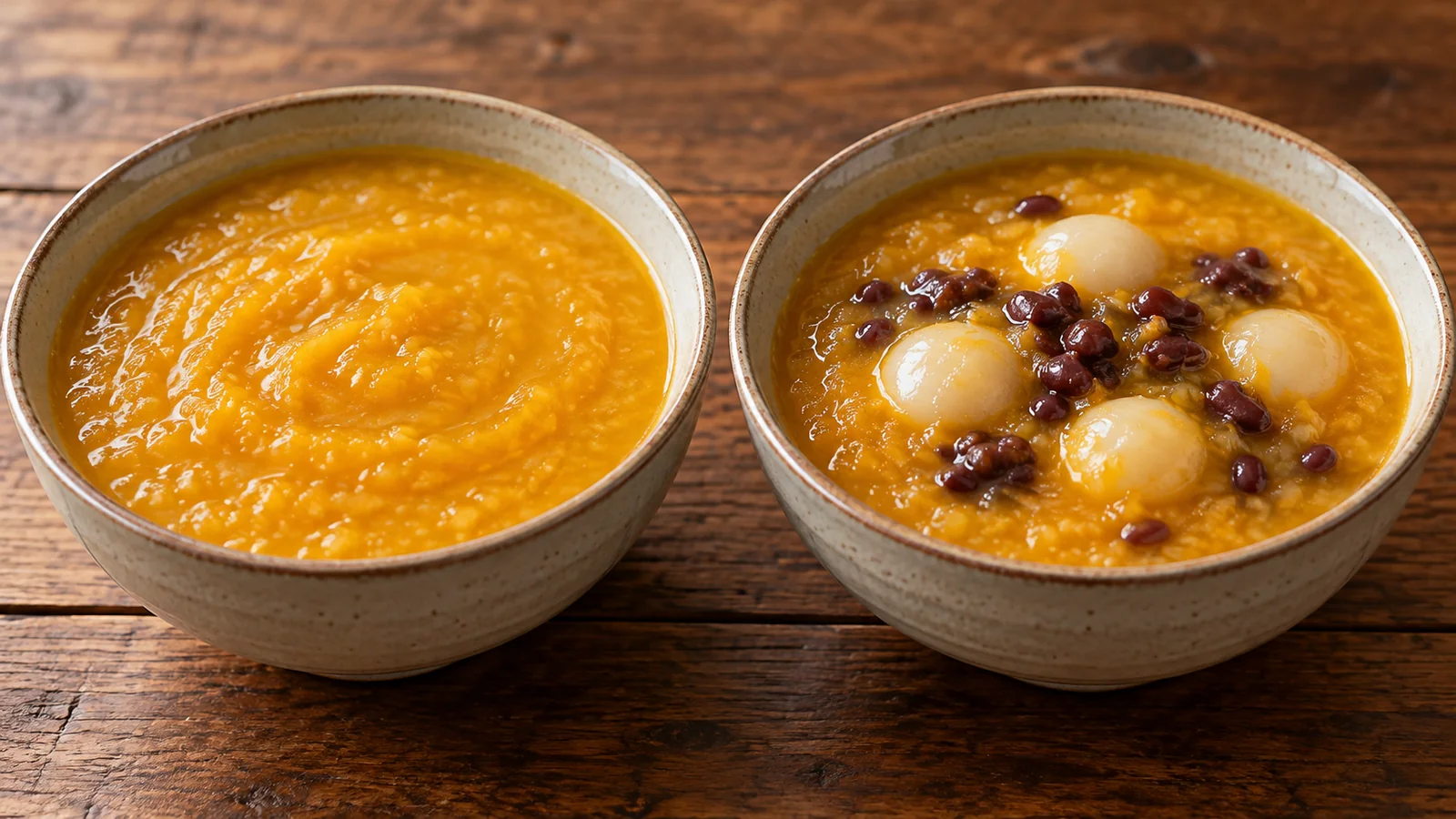 Mingau liso de abóbora ao lado de tigela com bolinhas de arroz e feijões vermelhos