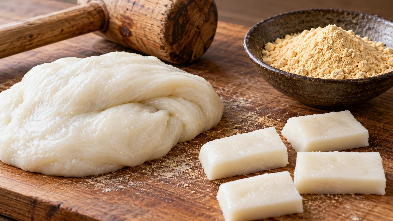 Massa de arroz glutinoso socada e pedaços cortados antes da cobertura de farinha de soja