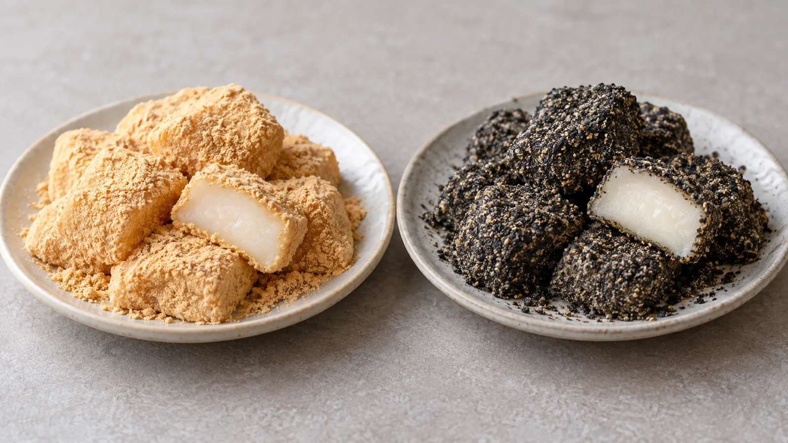 Injeolmi com farinha de soja ao lado de injeolmi com gergelim preto e centros brancos de arroz