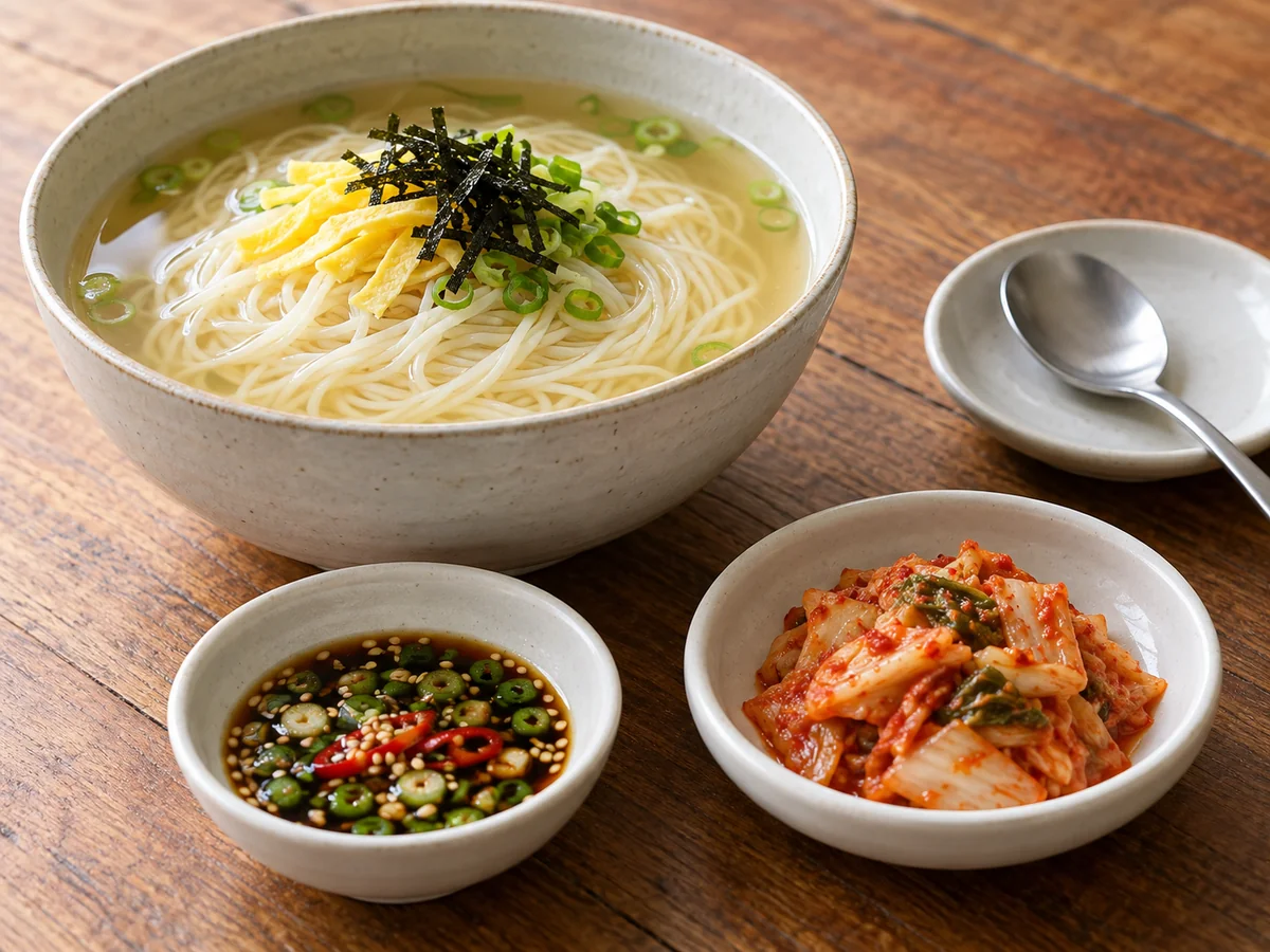 잔치국수와 별도로 놓인 간장 양념장과 김치