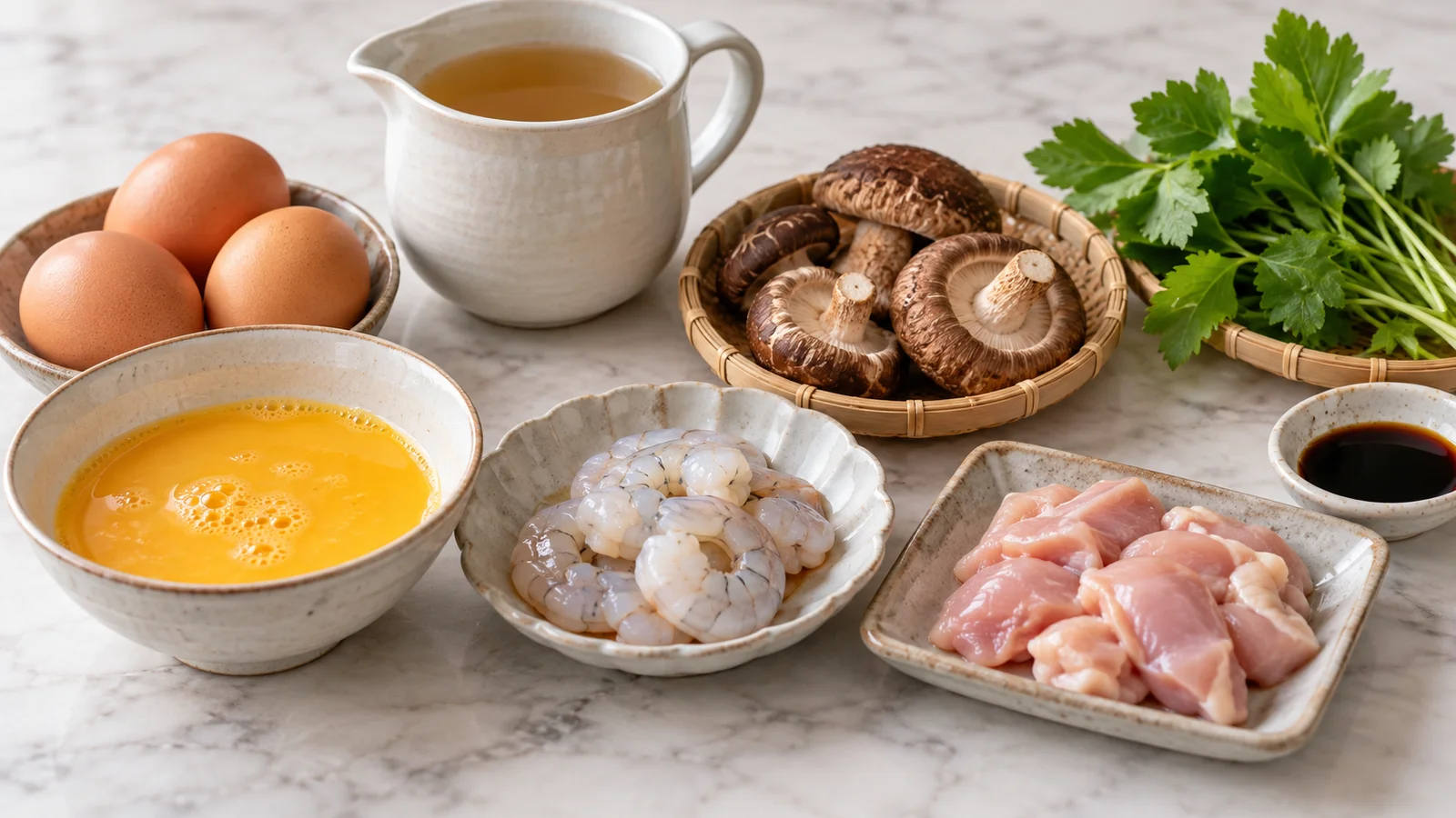 차완무시용 달걀과 육수, 따로 담은 닭고기와 새우, 표고버섯과 향채