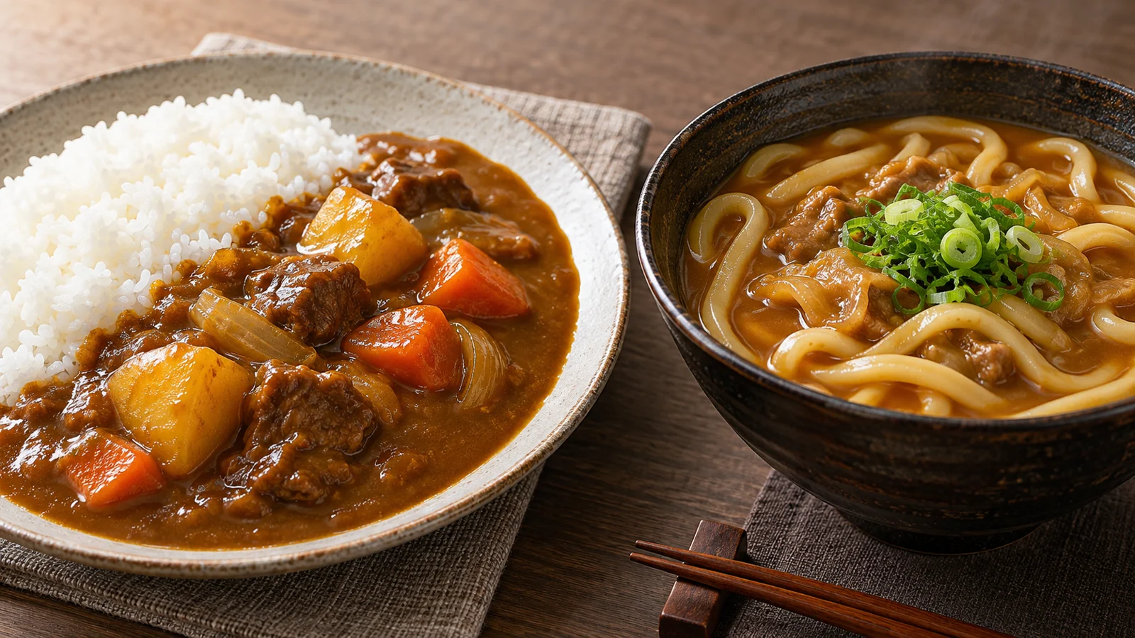 カレーライスと麺が入ったカレーうどん