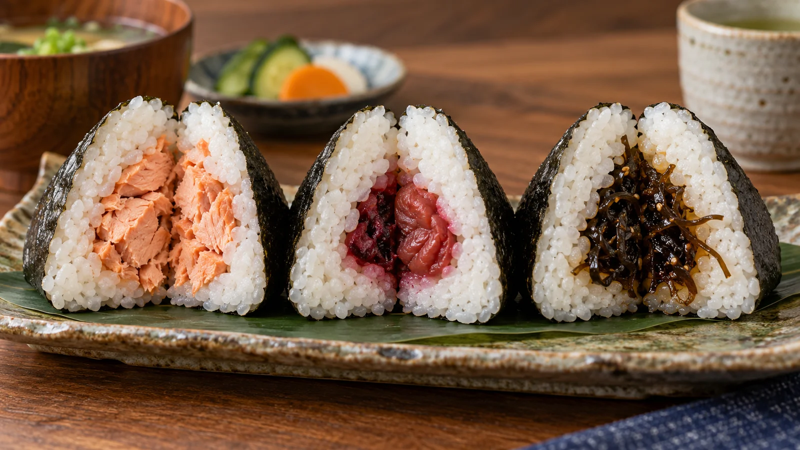 Aufgeschnittene Onigiri mit Lachs-, eingelegter Pflaumen- und Kombufüllung