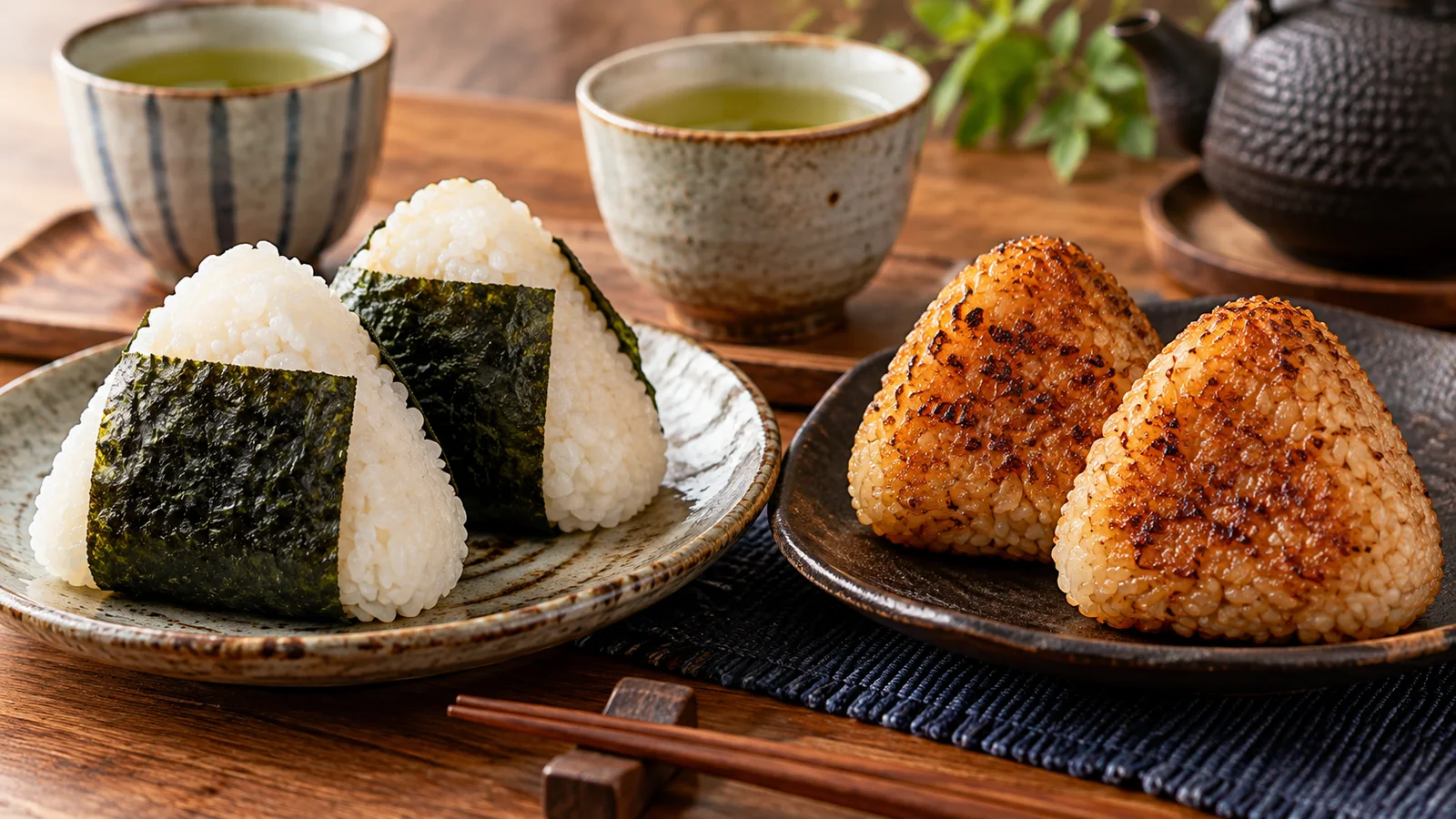 Onigiri mit Nori neben gebräunten gegrillten Reisbällchen