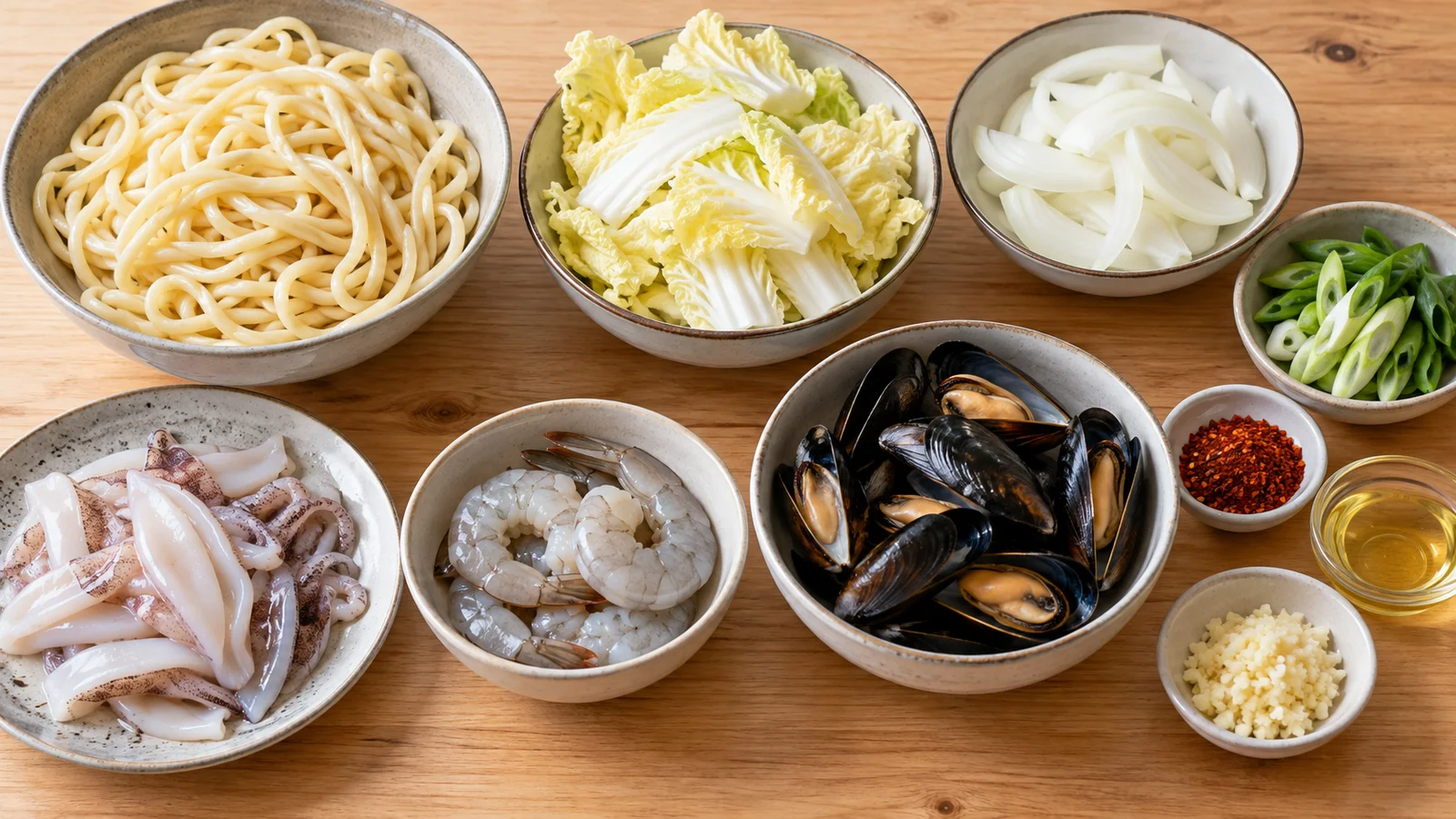 Exemplo de ingredientes do jjamppong: macarrão de trigo, repolho napa, cebola, cebolinha, lula, camarões, mexilhões, flocos de pimenta e alho