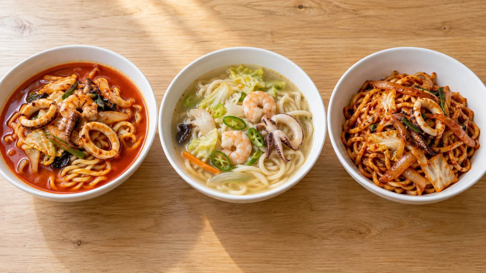Jjamppong de caldo vermelho, baek jjamppong de caldo claro e bokkeum jjamppong salteado em tigelas separadas