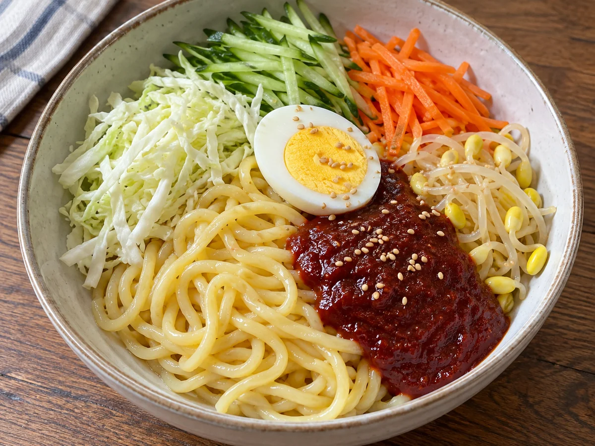 Ungemischter jjolmyeon mit Kohl, Sojasprossen, Gurke und gochujang Sauce