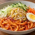 붉은 양념을 묻힌 탄력 있는 쫄면에 콩나물과 양배추·오이·달걀을 곁들인 모습