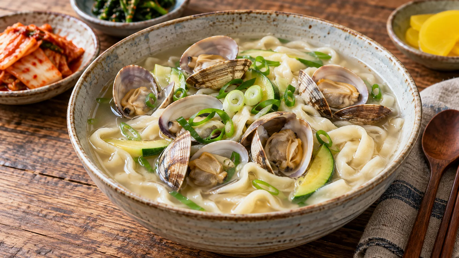 바지락과 애호박, 파를 함께 담은 칼국수