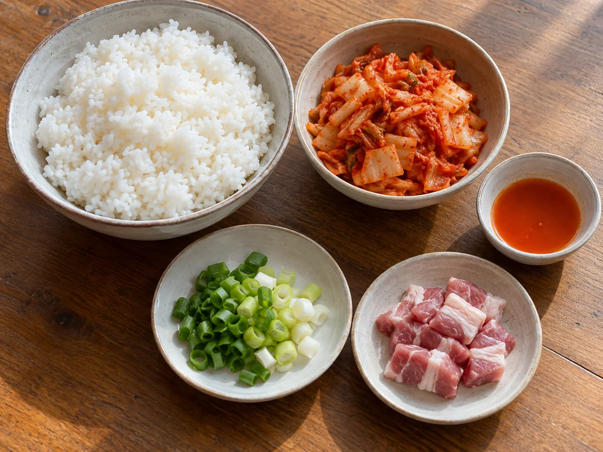 김치볶음밥에 쓰는 지은 밥과 잘게 썬 김치, 별도 김치 국물, 대파와 돼지고기