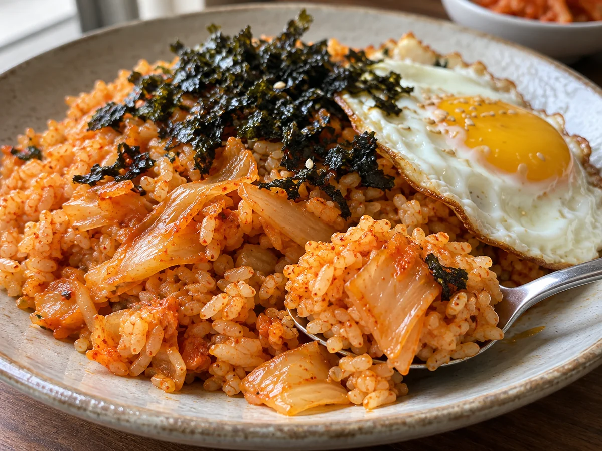 김치 조각과 밥알이 보이는 김치볶음밥에 달걀 프라이와 김가루를 곁들인 모습