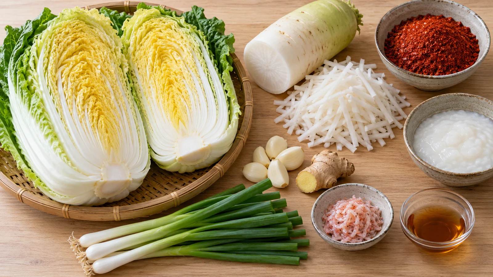 Exemplo de ingredientes do kimchi: repolho napa, rabanete, flocos de pimenta, alho, gengibre, cebolinha, molho de peixe e camarões salgados fermentados