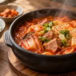뚝배기에 김치, 익힌 돼지고기, 두부와 대파를 담은 김치찌개