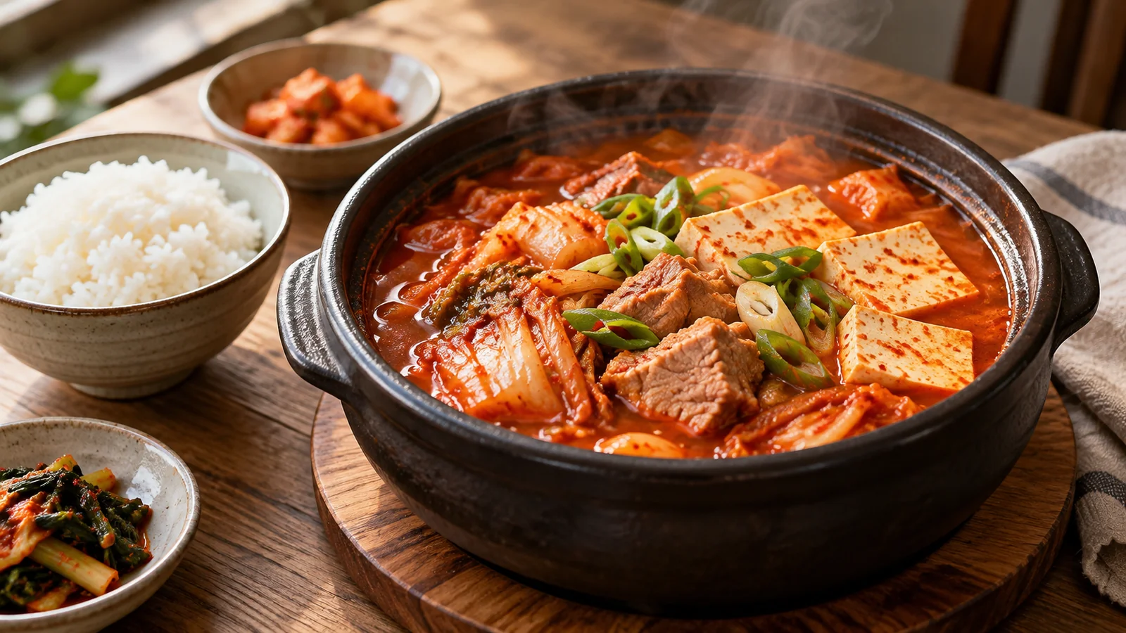 김치와 돼지고기, 두부를 담은 붉은 국물의 김치찌개