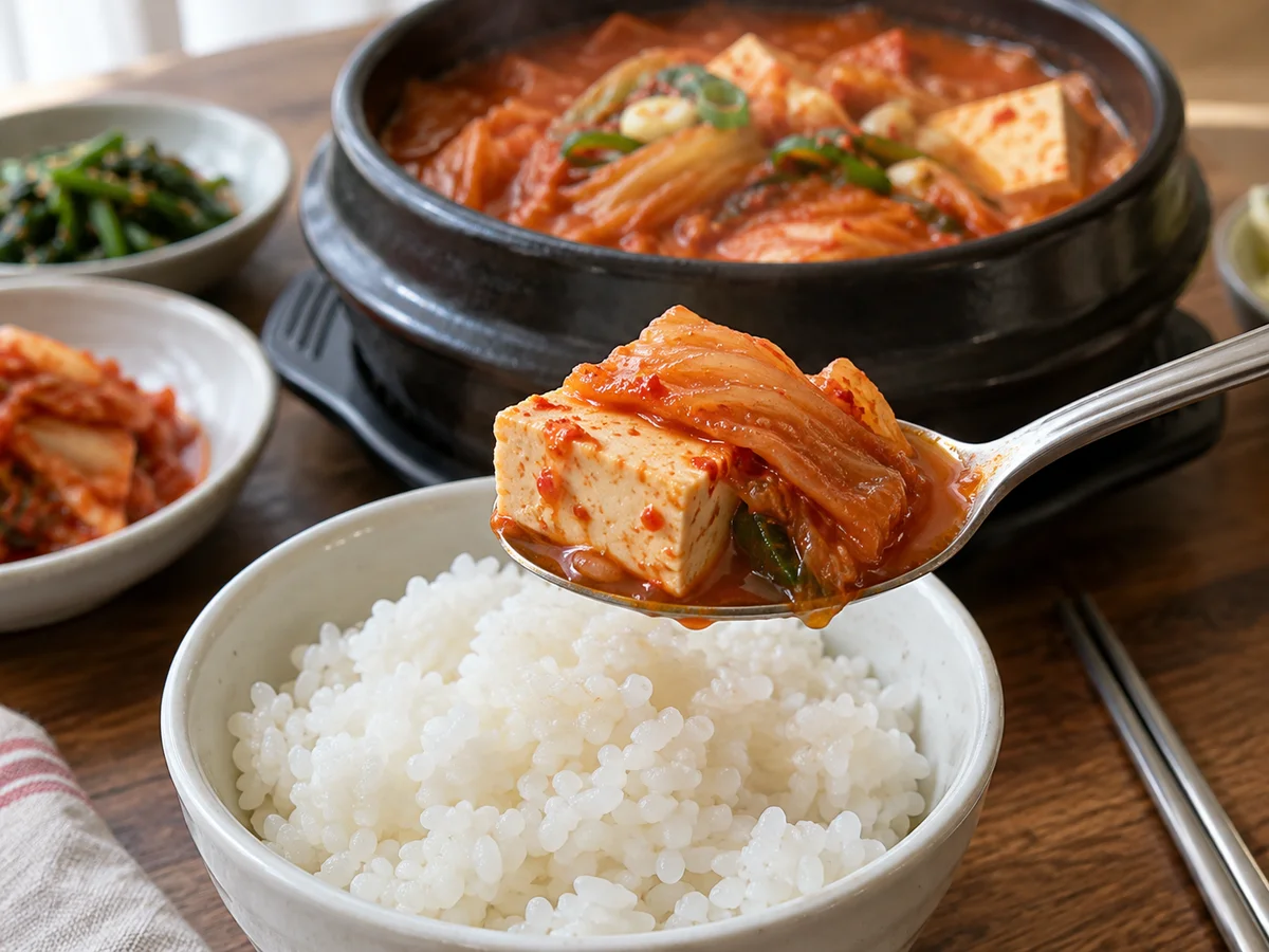 A spoonful of kimchi jjigae with kimchi and tofu served alongside rice
