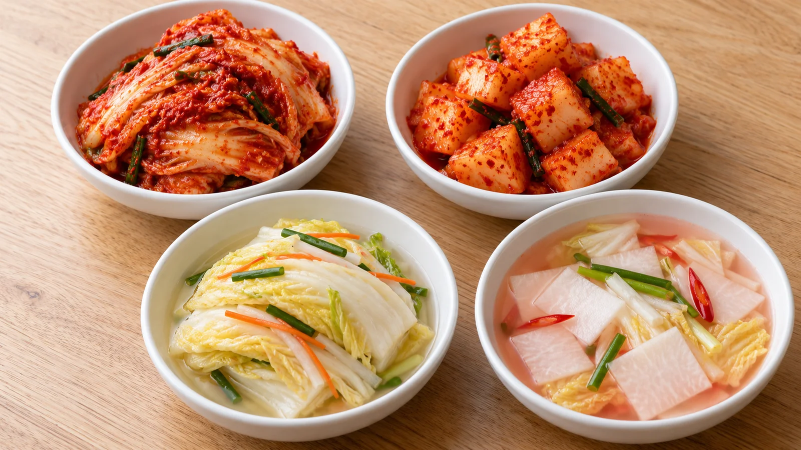 Kimchi de repolho, de rabanete em cubos, branco e nabak kimchi com líquido em tigelas separadas