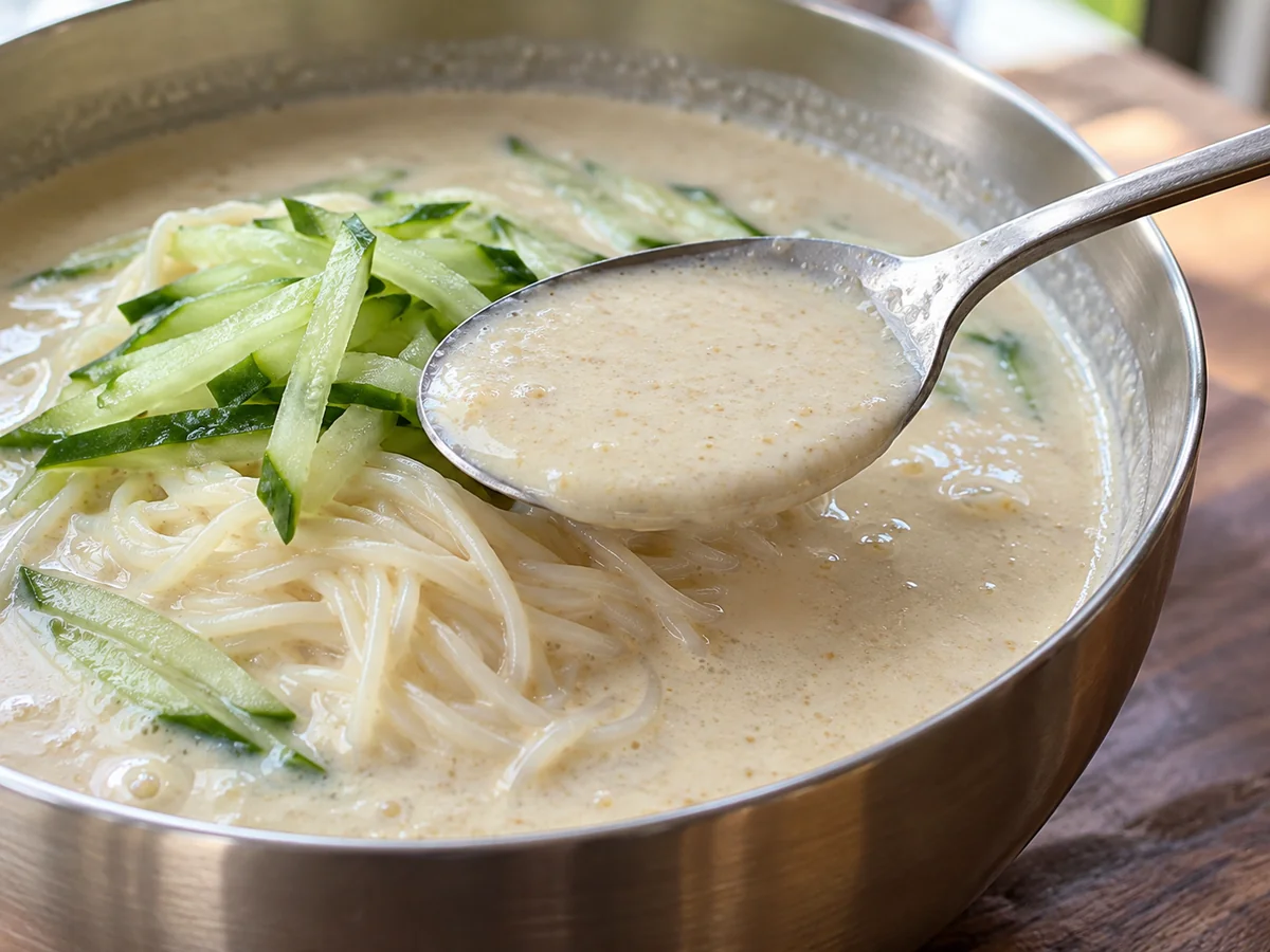 A spoonful of finely ground, thick soybean broth held above a bowl of kongguksu