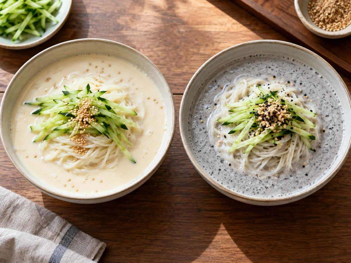 Ivory kongguksu beside gray seoritae kongguksu with visible flecks of black soybean skin