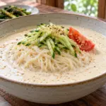 진한 아이보리색 콩국에 면을 담고 오이채와 토마토를 올린 콩국수