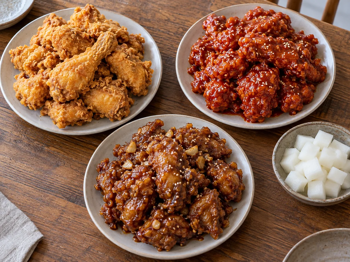 프라이드·붉은 양념·갈색 간장치킨을 각각 담아 치킨무와 나란히 놓은 모습