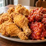 프라이드치킨과 붉은 양념치킨을 반씩 담고 치킨무를 곁들인 접시